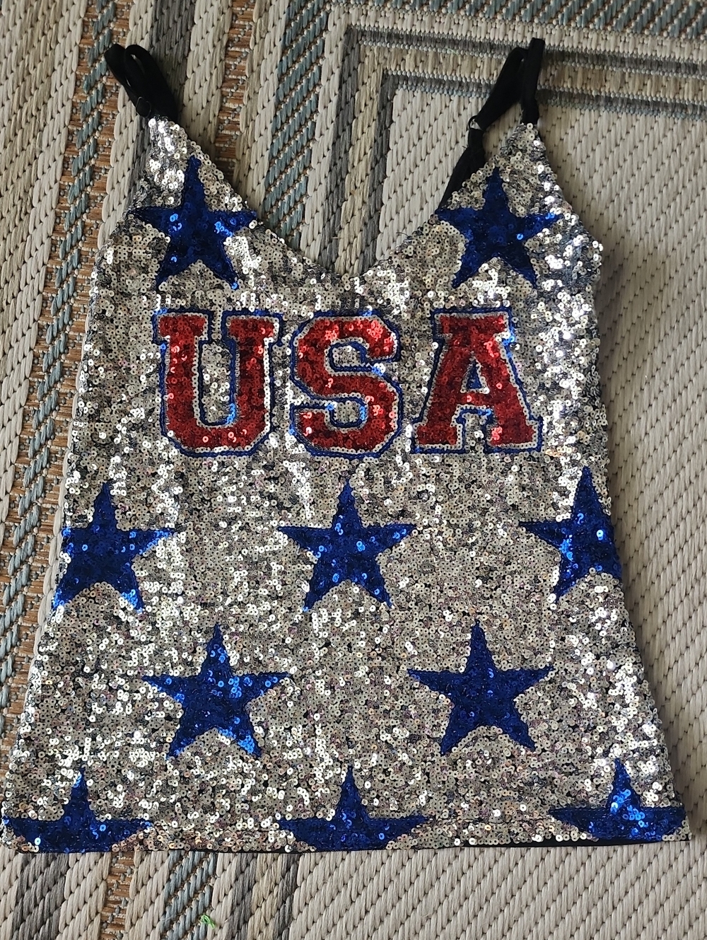 Miss Chievous Silver Sequin USA Star Tank Top with Blue Stars and Red Lettering